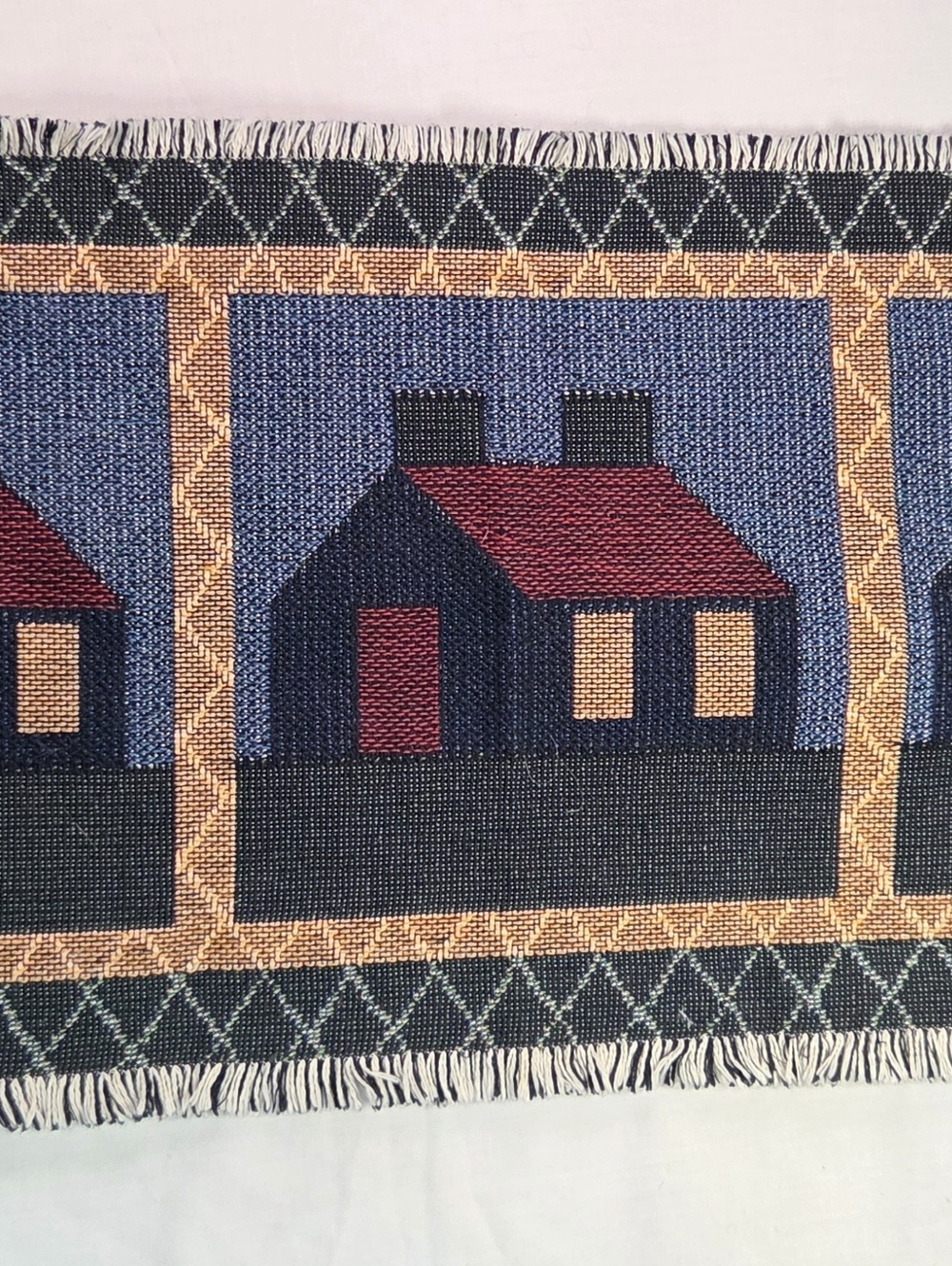 Cabin Quilt Fringed 34" 100% Cotton Table Runner Made In USA Cottage Core Rustic